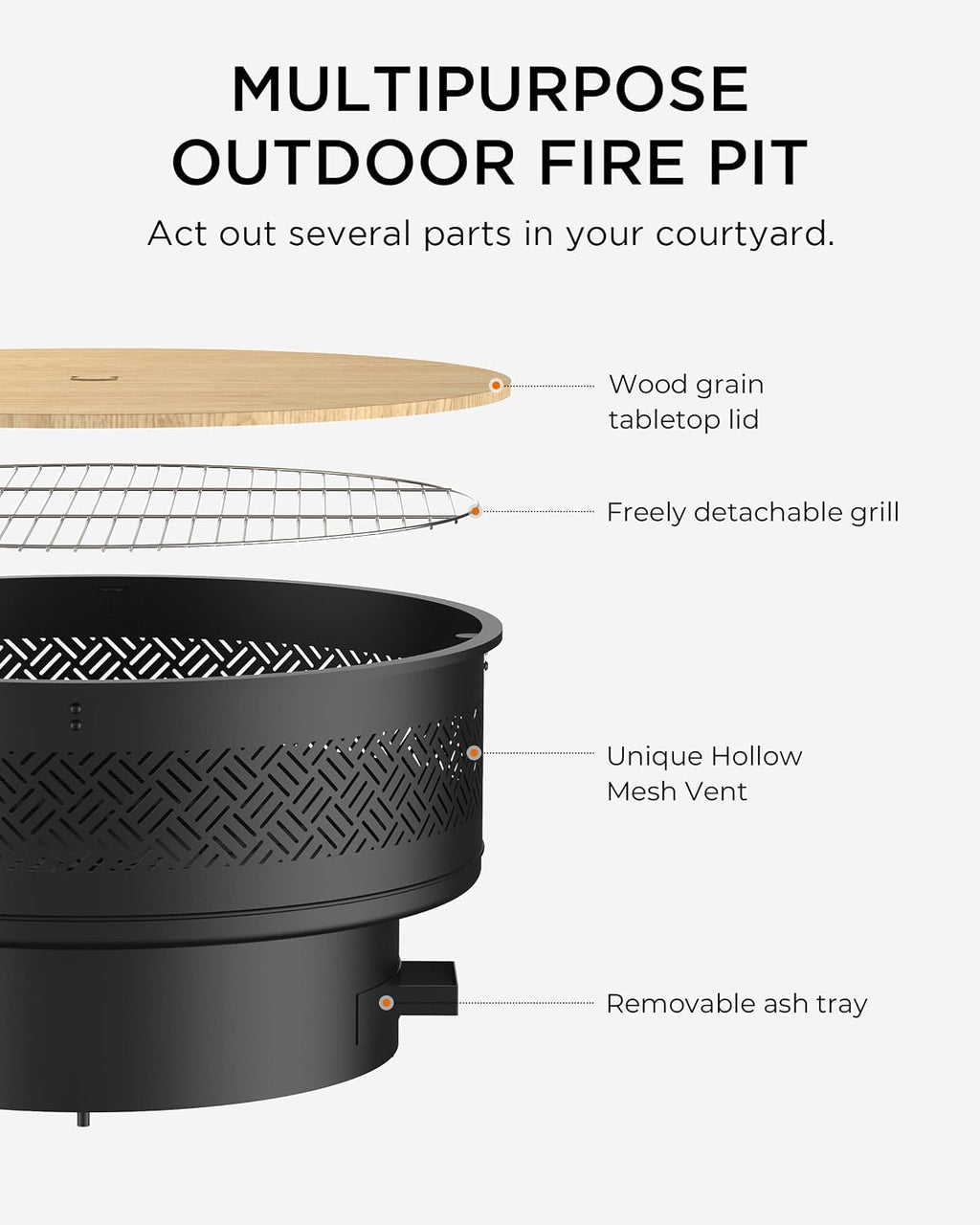 32' Fire Pits with Cooking Grill, Outdoor Fire Pit with Lid & Fire Poker, Fire Pit Table for Outside Wood Burning Firepit Round Heavy Duty Firepit for BBQ, Table, Picnic, Camping, Bonfire Party