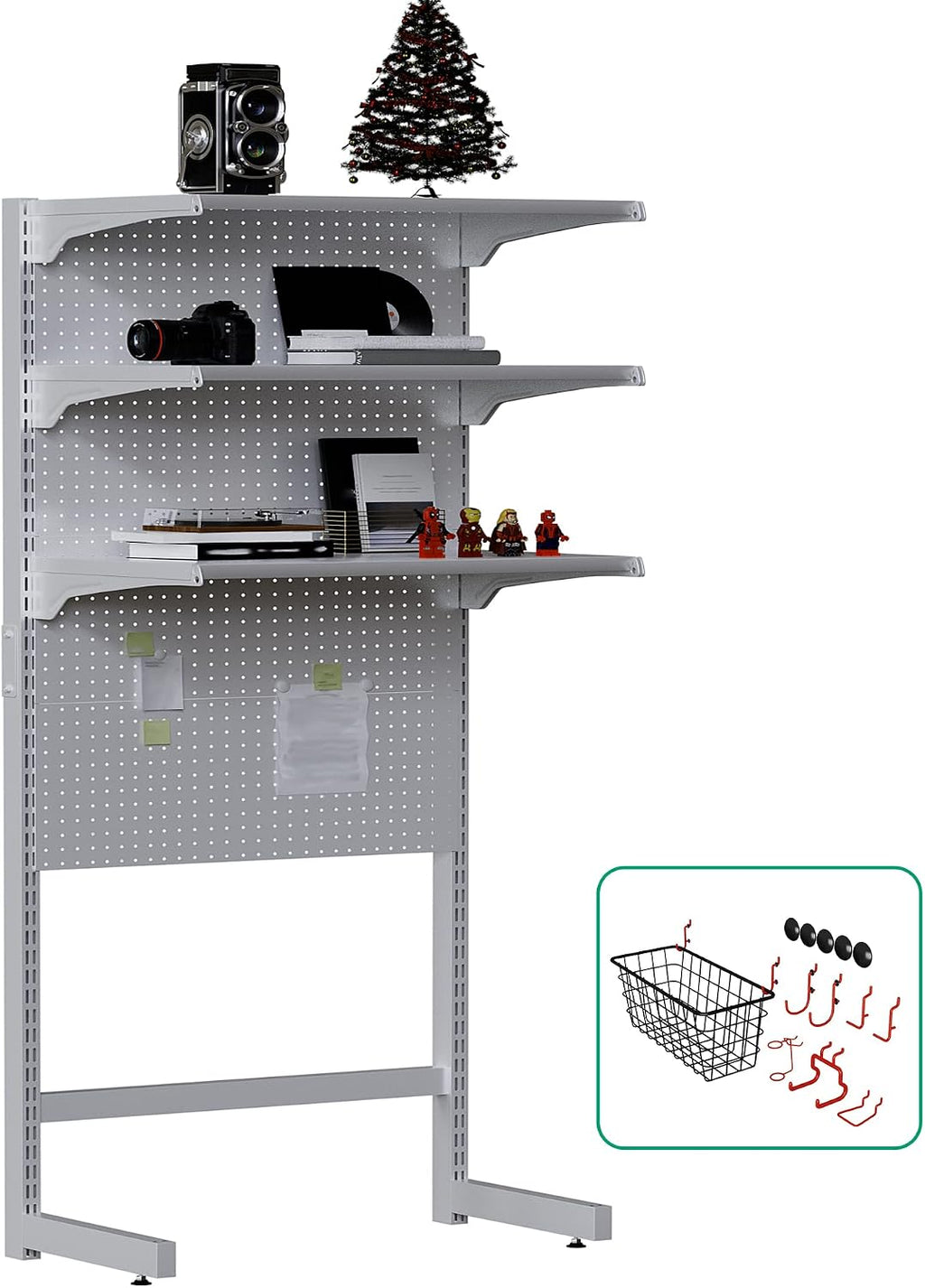 JWX DDB Standing Pegboard Shelf Unit, 30'' White Home Office shlef cabinets with Metal Pegboard and 15 Pieces Organizer Tool Holders