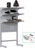 JWX DDB Standing Pegboard Shelf Unit, 30'' White Home Office shlef cabinets with Metal Pegboard and 15 Pieces Organizer Tool Holders