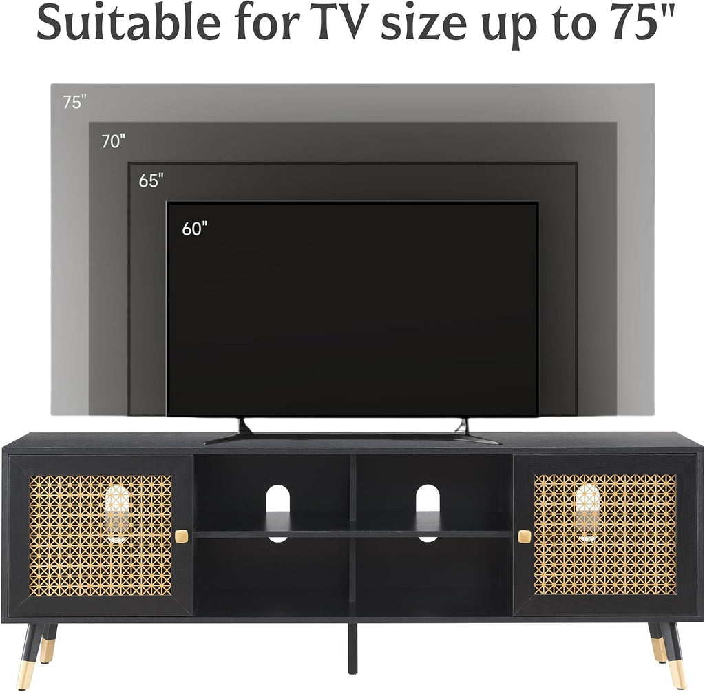 JYED DECOR Black TV Stand for 75 inch TVs, 66' Mid Century Modern Media Console, Long Entertainment Center with Storage Cabinet for Living Room