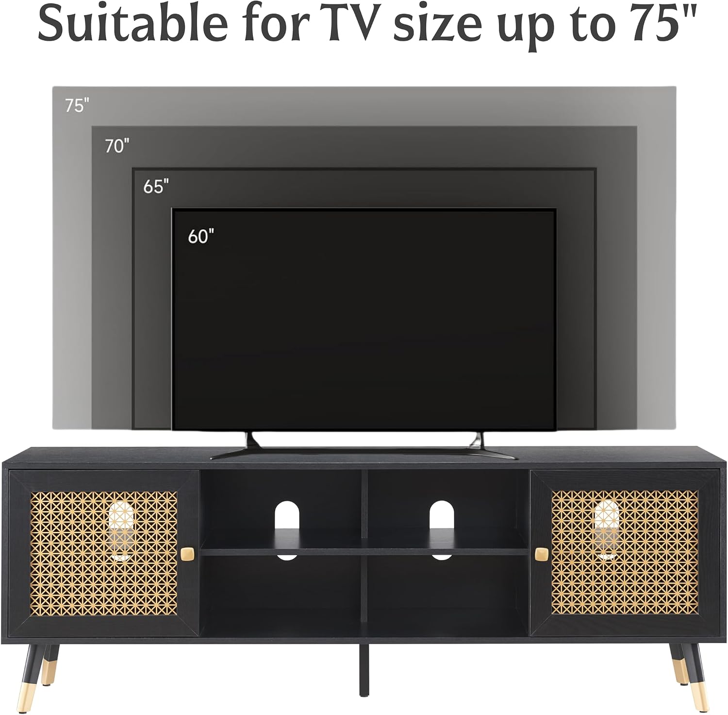 JYED DECOR Black TV Stand for 75 inch TVs, 66' Mid Century Modern Media Console, Long Entertainment Center with Storage Cabinet for Living Room