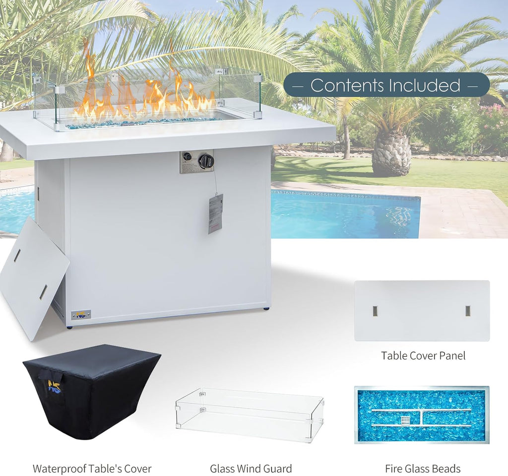 NICESOUL 43' Aluminum Outdoor Propane Fire Pit Table, 60,000 BTU Rectangle Natural Gas Firepits, Rust-Proof All-Weather Fire Table with Wind Guard & Glass Rocks for Patio Outside CSA-Certified, White