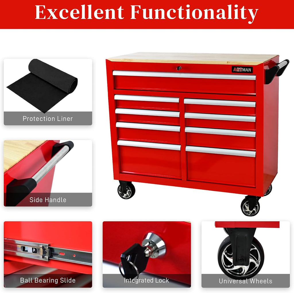 Rolling Tool Chest with Wheels, 9 Drawer Metal Tool Cabinet, Large Tool Cart for Garage, Warehouse, Workshop, Repair Shop, Red
