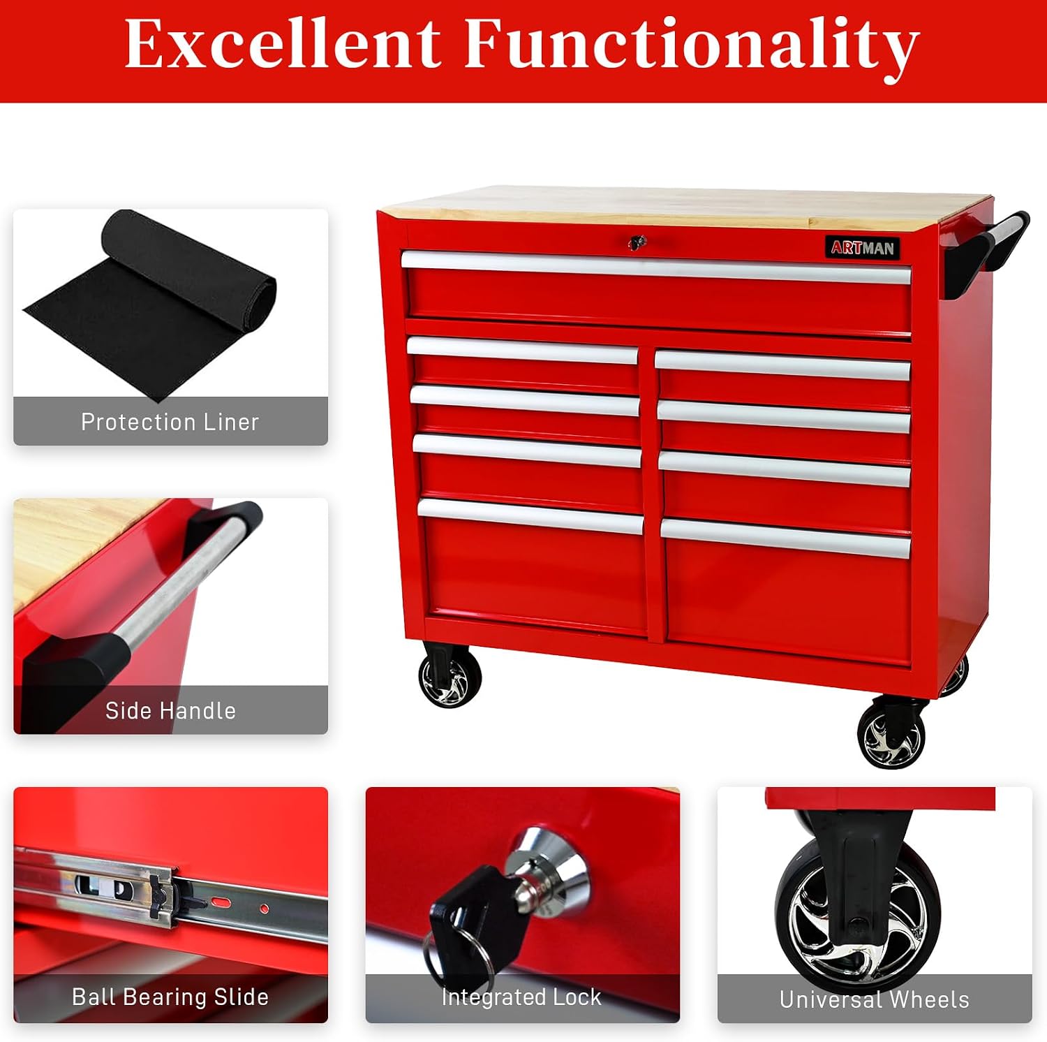 Rolling Tool Chest with Wheels, 9 Drawer Metal Tool Cabinet, Large Tool Cart for Garage, Warehouse, Workshop, Repair Shop, Red