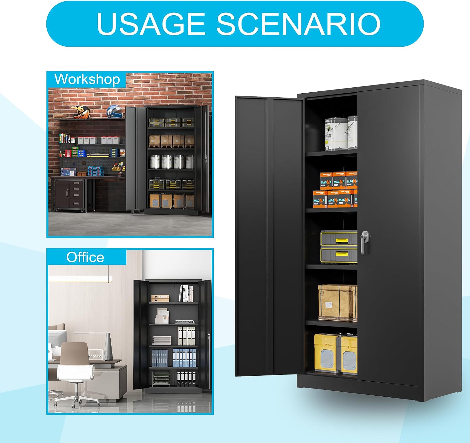 Black Iron Metal Lockable Storage Cabinet - Durable Home Office Garage Organizer for TV & Slim Storage - Secure Sideboard Locking Filing Pantry Tall Bathroom Floor Storage Cabinet with Lock