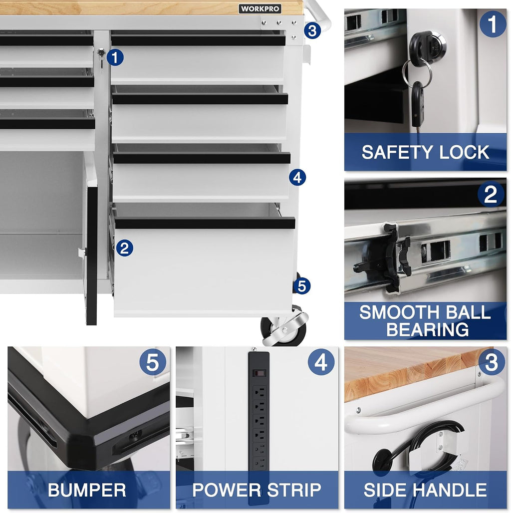 WORKPRO 62' Rolling Tool Chest, Heavy Duty Mobile Tool Storage Cabinet with 7-Drawer & 2-Door, Power Strip, Locking System, 1000 LBS Capacity Rolling Cabinet for Garage, Kitchen & Warehouse