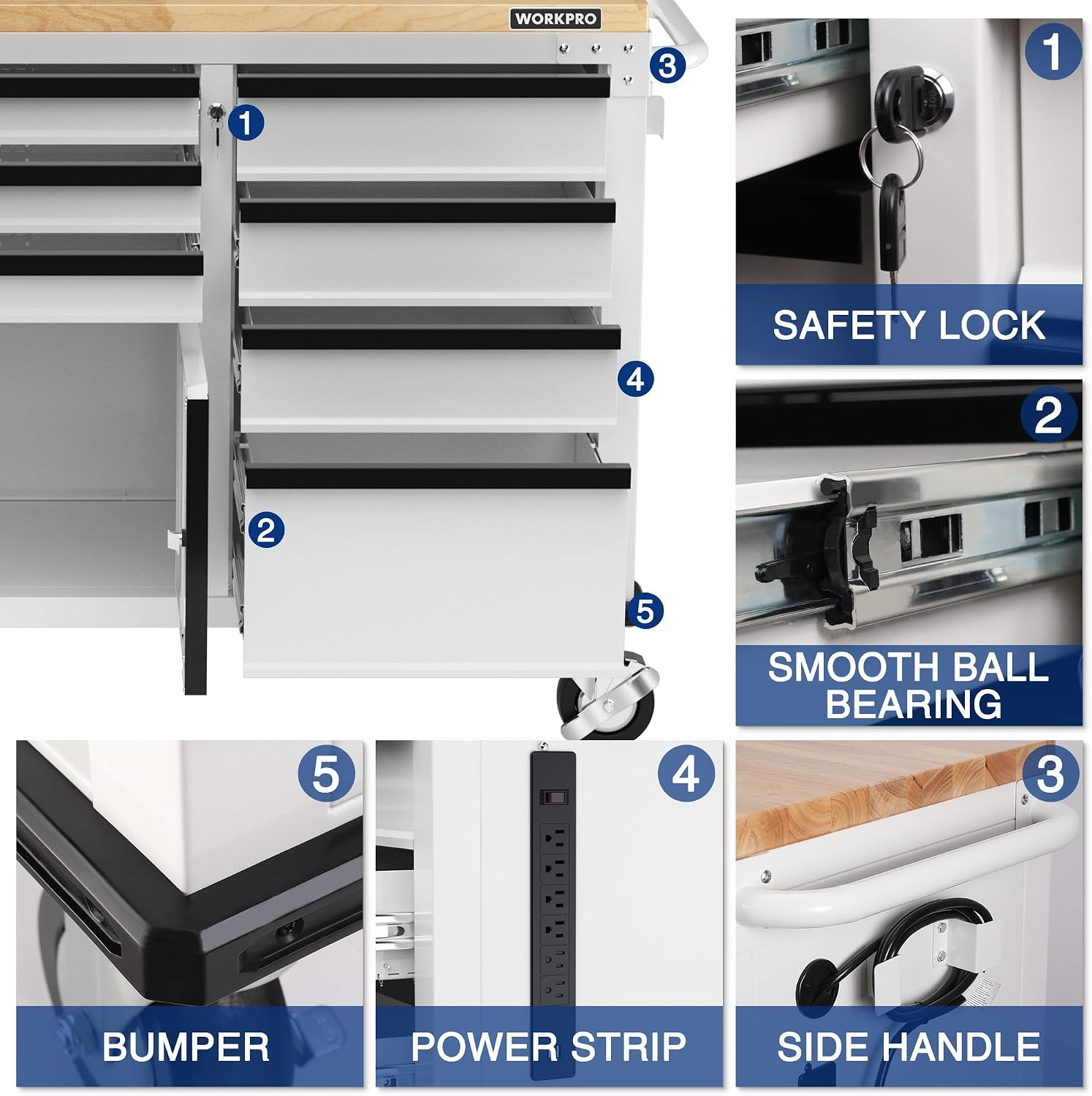 WORKPRO 62' Rolling Tool Chest, Heavy Duty Mobile Tool Storage Cabinet with 7-Drawer & 2-Door, Power Strip, Locking System, 1000 LBS Capacity Rolling Cabinet for Garage, Kitchen & Warehouse