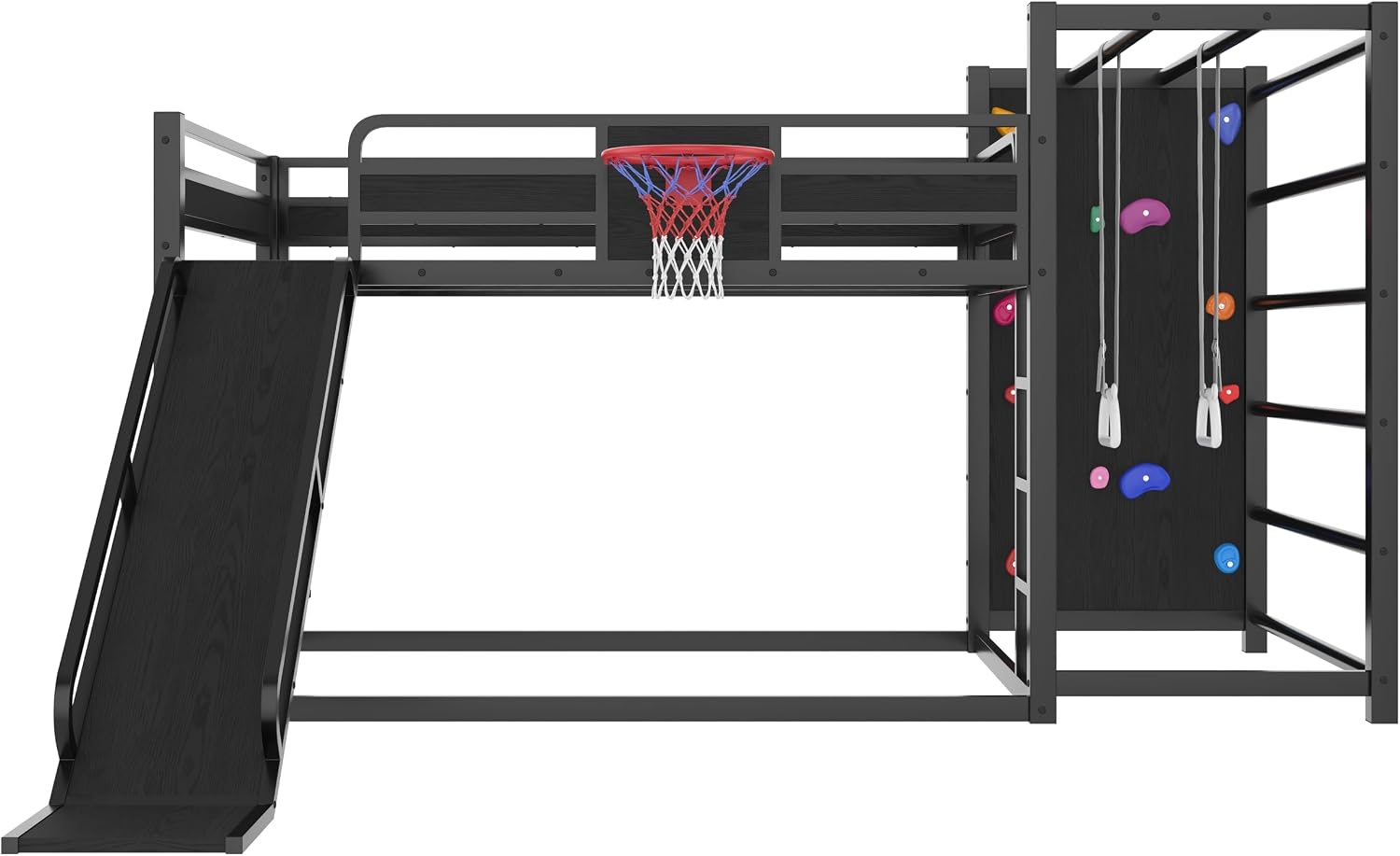 SOFTSEA Full Size Metal Loft Bed with Slide, Heavy Duty Bunk Bed with Bookshelves, Basketball Hoop, Climbing Wall & Pull Up Rings for Kids Teens, Playful Basketball Slide Bed Loft Bed Frame, Black