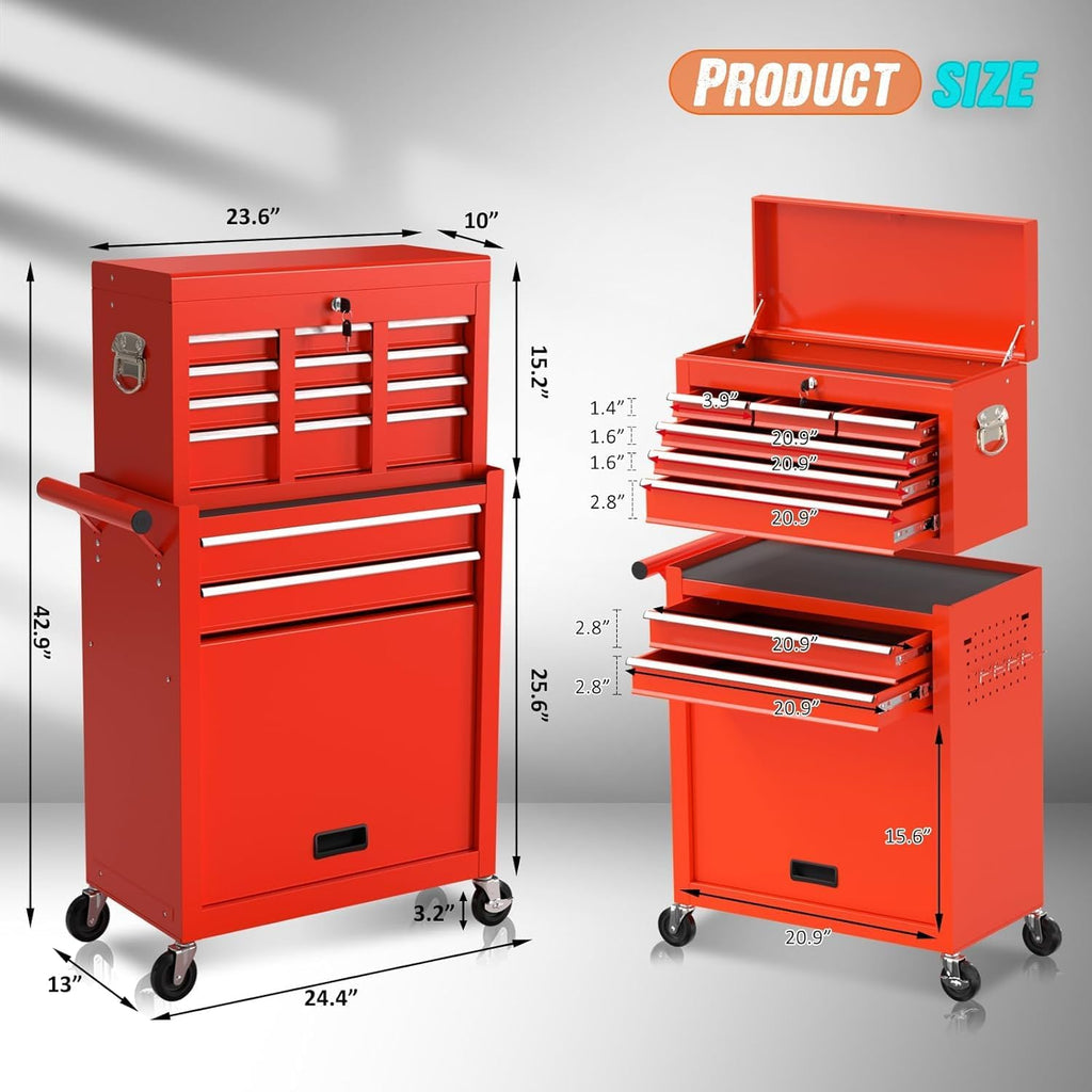 8-Drawer Rolling Tool Chest with Wheels, 2-in-1 Detachable Tool Box with Drawers and Large Cabinet, Rolling Tool Chest Storage Cabinet with Lockable for Warehouse, Garage, Workshop Red