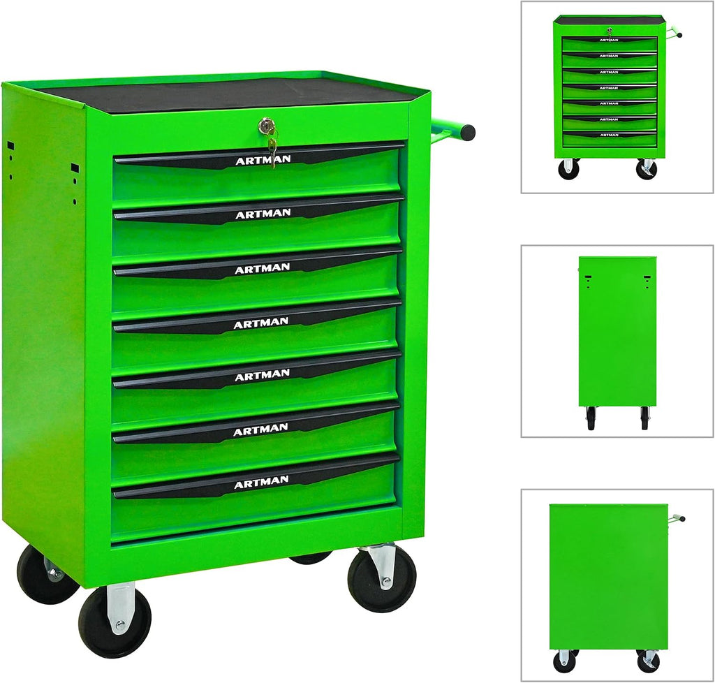 Rolling Tool Chest Cart with 7 Drawers,Storage Tool Cabinet on 4 Wheels. Lockable Tool Cart with Drawer Liners.Steel Tool Box Organizer for Garage,Repair Workshop-Green
