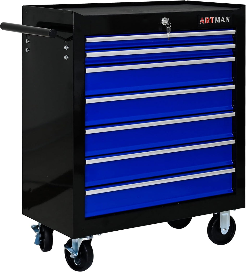 7 Drawers Tool Cart on Wheels,Multifunctional Rolling Tool Chest Tool Storage,Drawers Rolling Tool Trolley Organizer Tool Case for Garage,Warehouse,Workshop,Repair Shop (7 Drawers-Black&Blue)