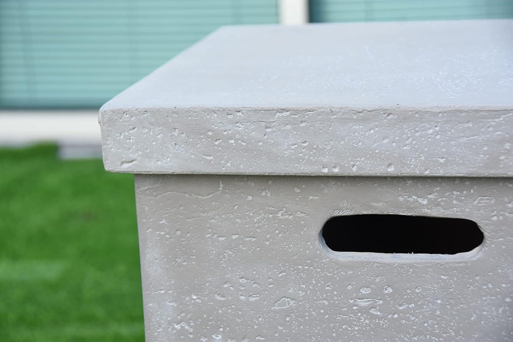 AMS Fireplace | Elementi Tall Light Grey Square Travertine Propane Tank Cover | Concrete GFRC Base | Dimensions: 17.7 x 17.7 x 24.4 inches | Complement HAMPTON, and Others Fire Pit Tables Perfectly