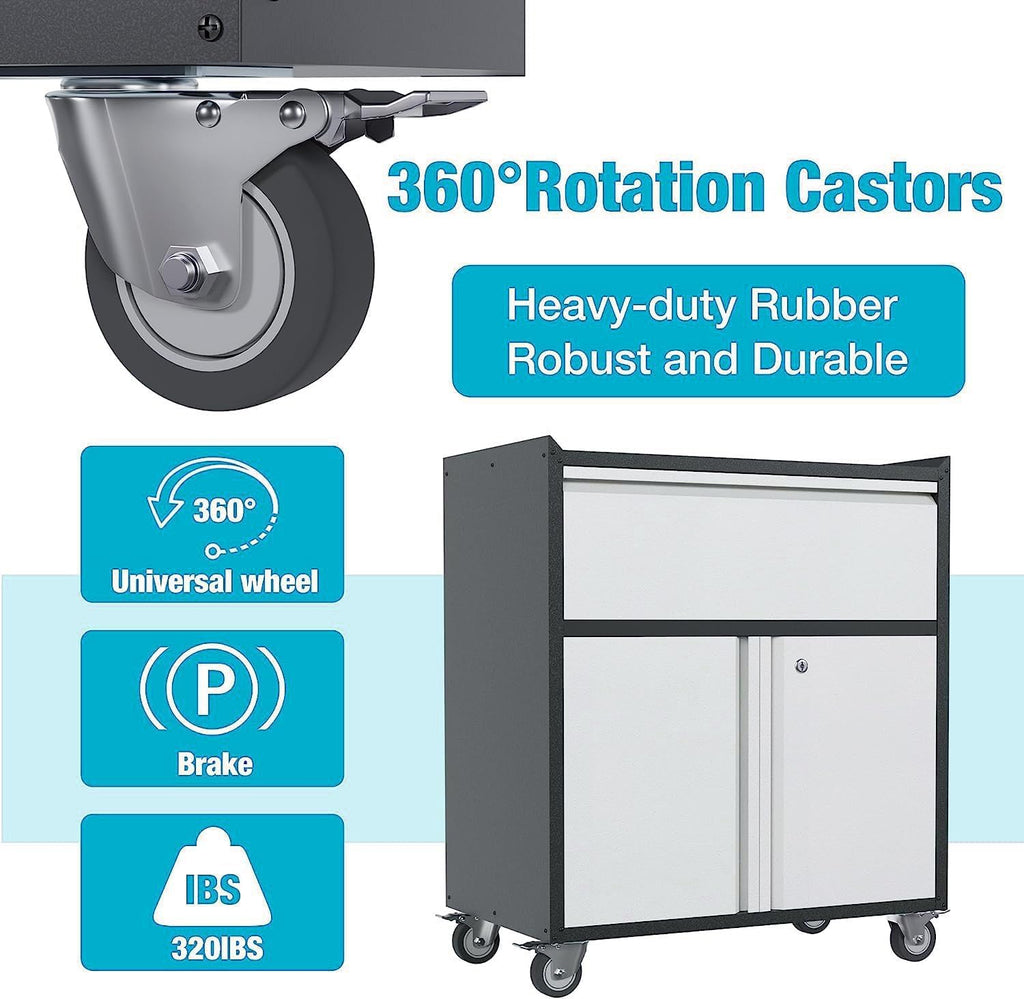 Rolling Garage Storage Cabinet with Door and Drawer, Lockable Metal Tool Cabinet on Wheels for Garage, Home, Office, Black & Gray, Assembly Required, (18.11' D x 30.31' W x 35.43' H)