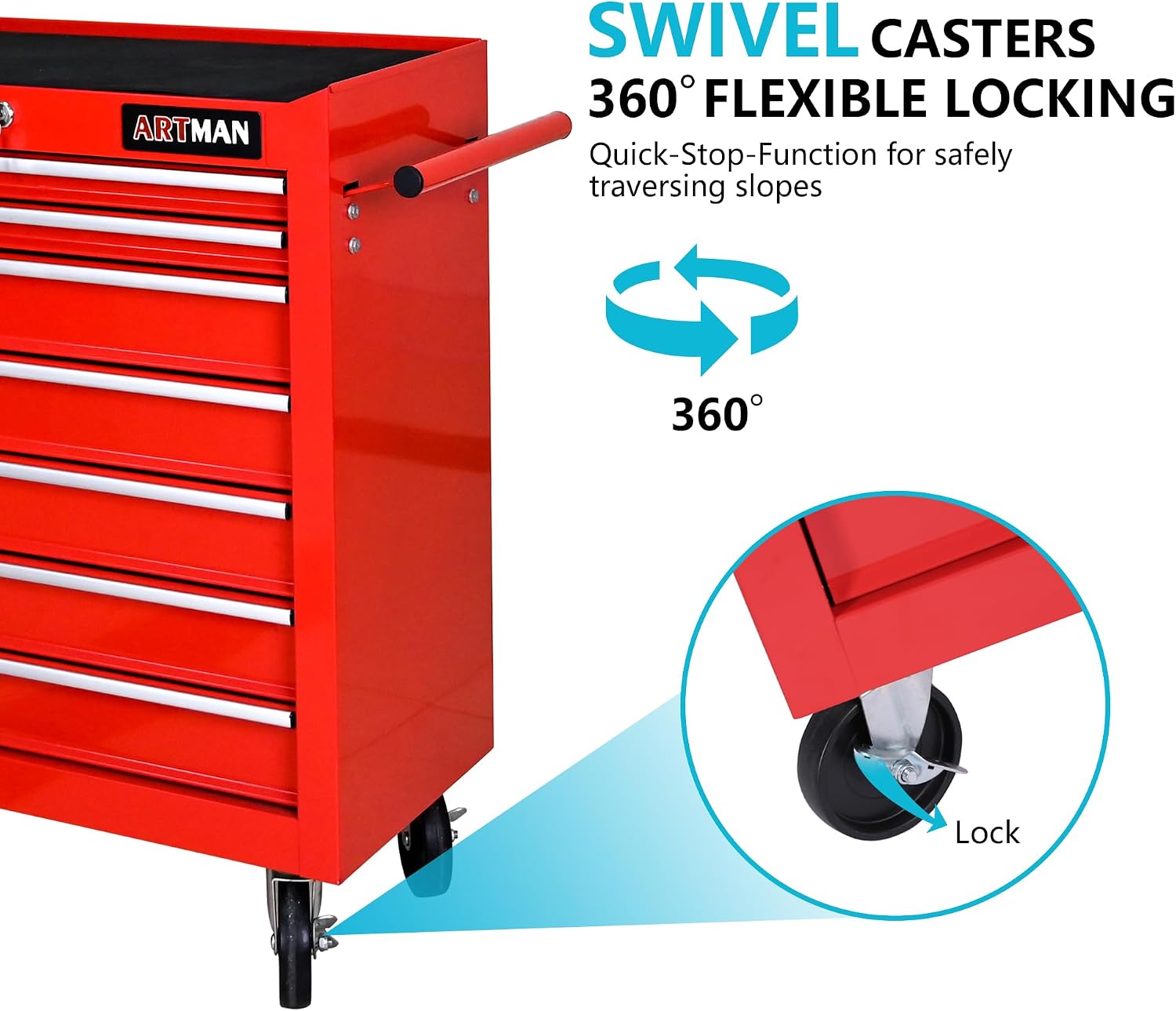 7 Drawers Tool Cart on Wheels, 7 Drawer Rolling Tool Chest with Key Lock, Trolley Organizer Tool Case, Multifunctional Rolling Tool Box for Garage,Warehouse,Workshop,Repair Shop (Red)