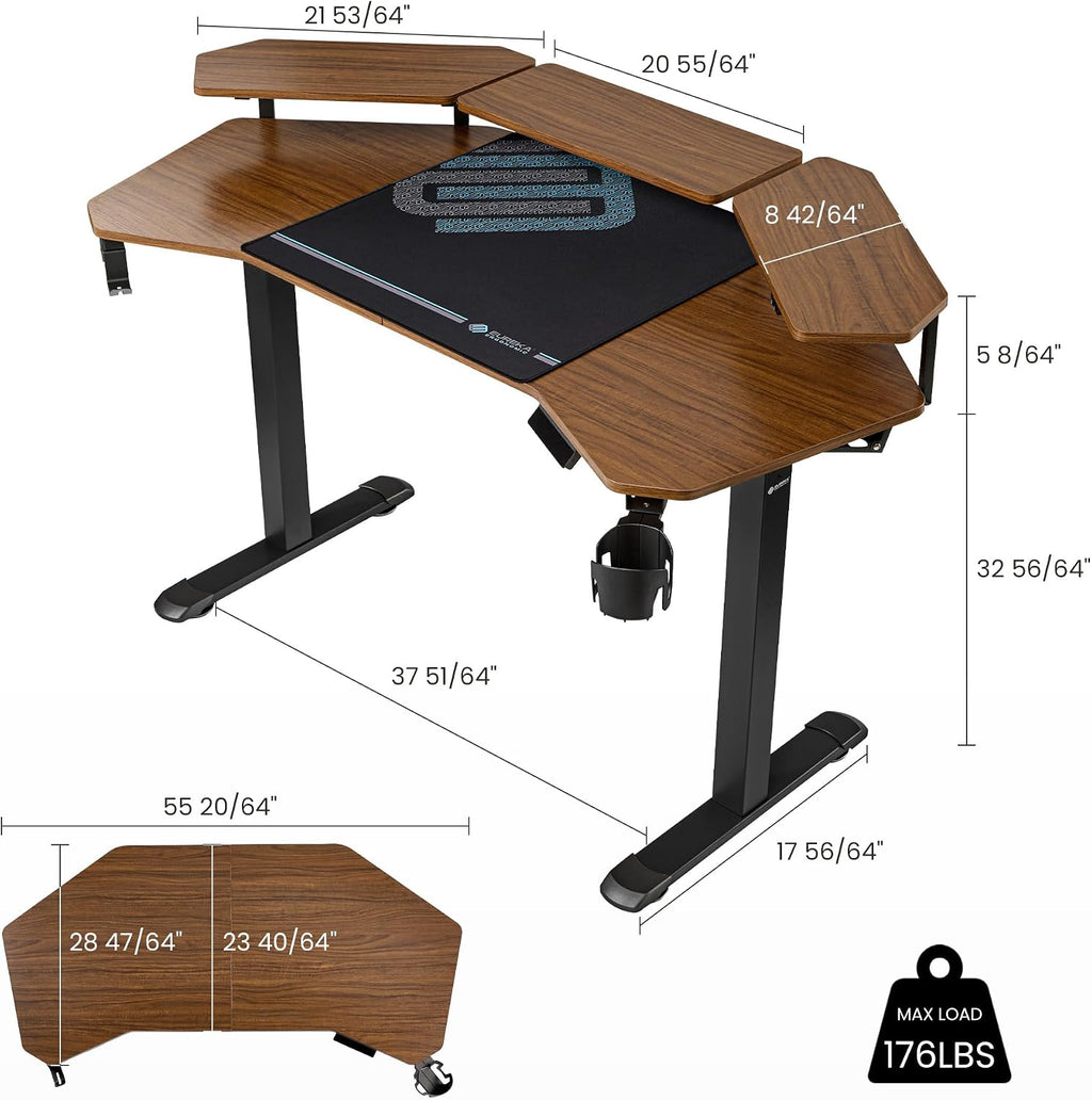 EUREKA ERGONOMIC Aero 55 Inch W Shaped Electric Standing Desk, Height Adjustable Computer Gaming Desk with LED Monitor Shelf, Mouse Pad, Headphone Hook, Cup Holder, Dark Walnut