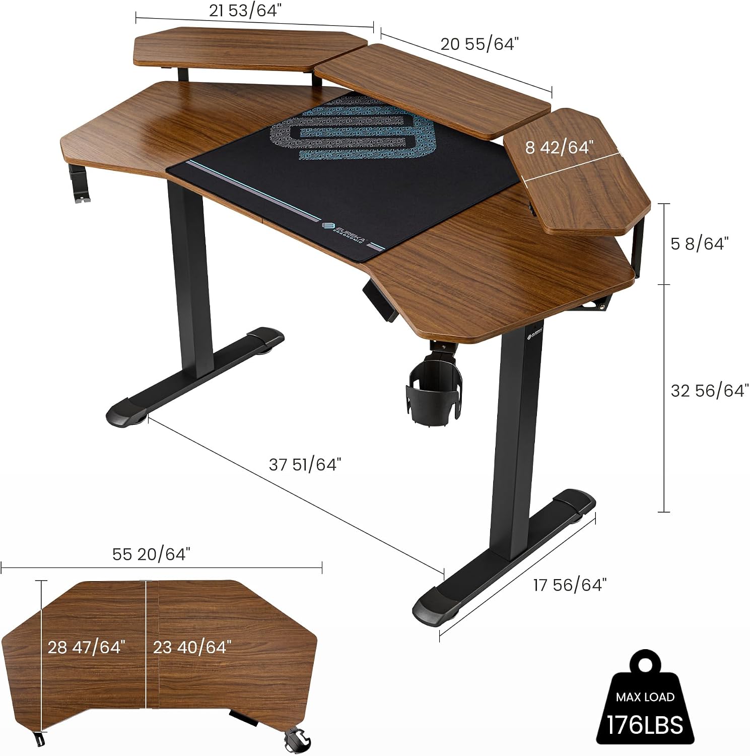 EUREKA ERGONOMIC Aero 55 Inch W Shaped Electric Standing Desk, Height Adjustable Computer Gaming Desk with LED Monitor Shelf, Mouse Pad, Headphone Hook, Cup Holder, Dark Walnut