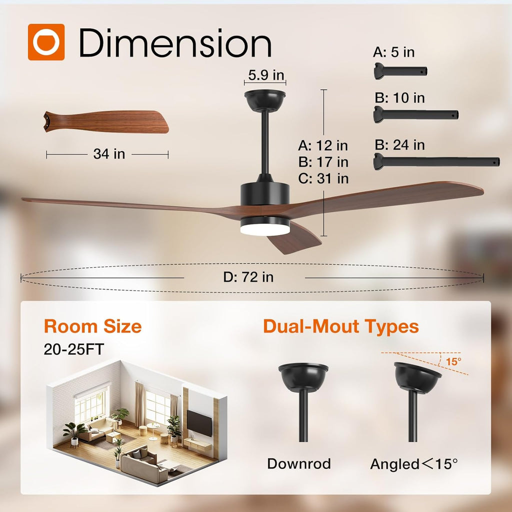 addlon 72 inch Ceiling Fans with Lights and Remote Control, Reversible, 3 Wood Blades, 6 Speeds, 3CCT Dimmable, Noiseless, Indoor/Outdoor Black Walnut Ceiling Fan for Bedroom Living Room Gazebo Patio