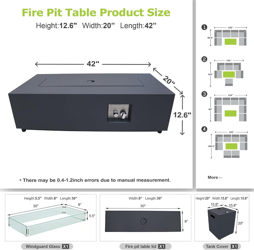 Dineli 2-Piece Outdoor Propane Fire Pit Table Set w Tank Table 42'' Rectangular Gas Fire Pits for Outside Patio 2-in-1 Table Fire Pit Tabletop w LED, 50,000 BTU (Black with RGB Light)