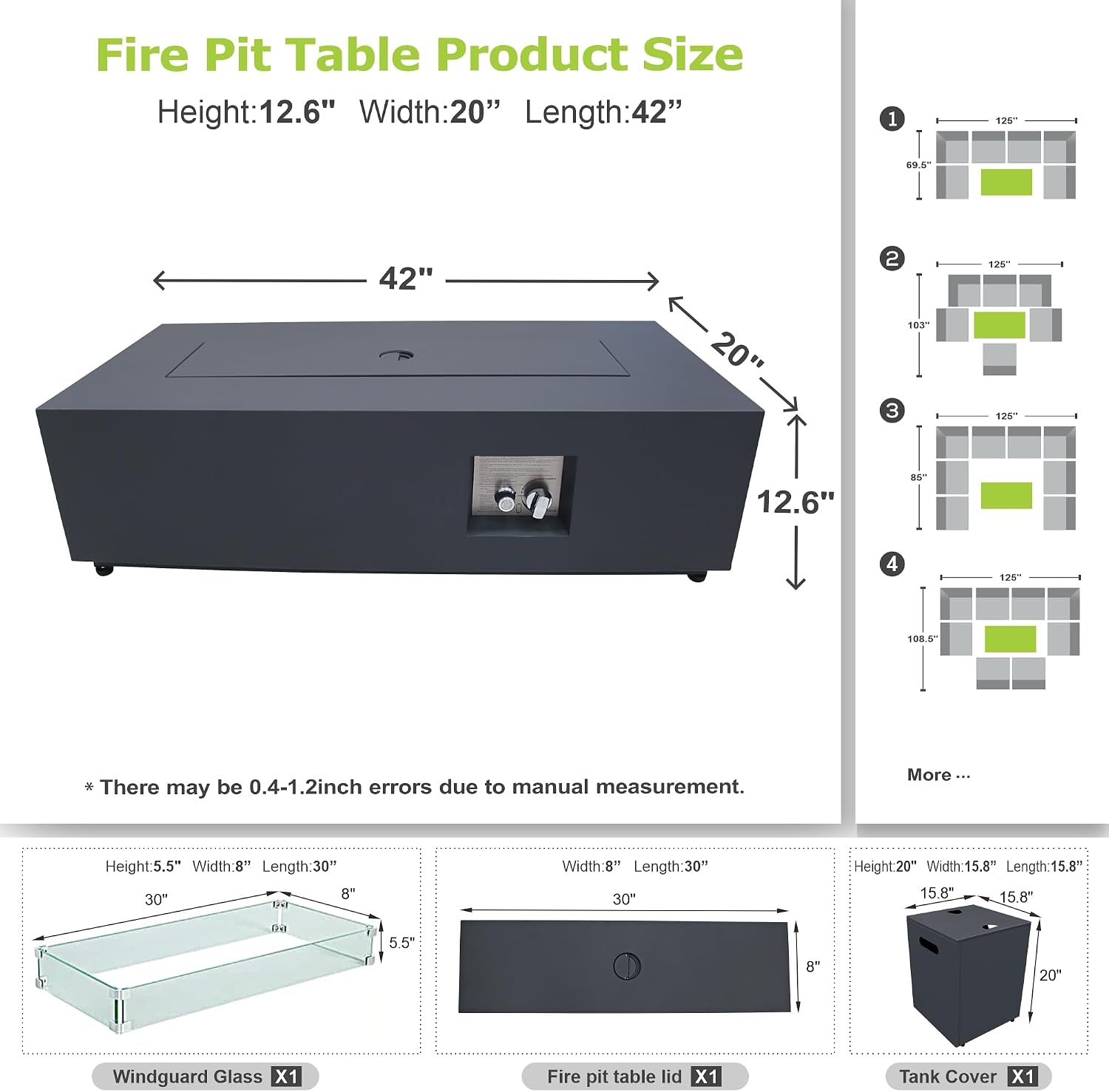 Dineli 2-Piece Outdoor Propane Fire Pit Table Set w Tank Table 42'' Rectangular Gas Fire Pits for Outside Patio 2-in-1 Table Fire Pit Tabletop w LED, 50,000 BTU (Black with RGB Light)
