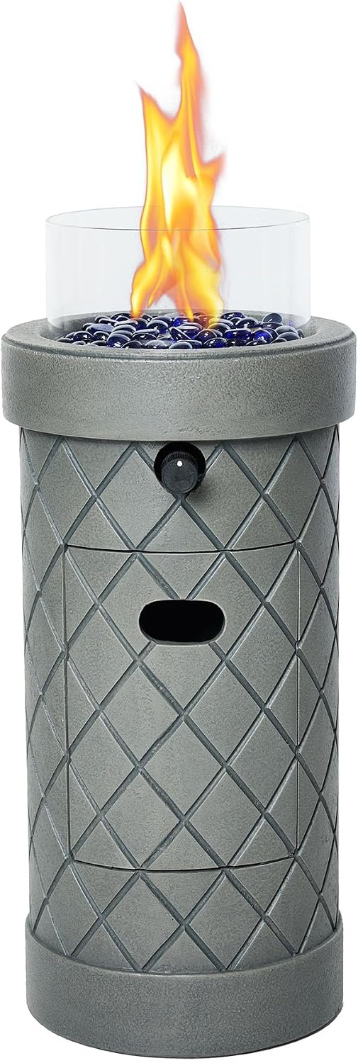 1 lb Column Propane Fire Pit, 10,000 BTU Gas Fire Pit, Outdoor Firepit for Patio w/Wind Glass Shield, Glass Rocks