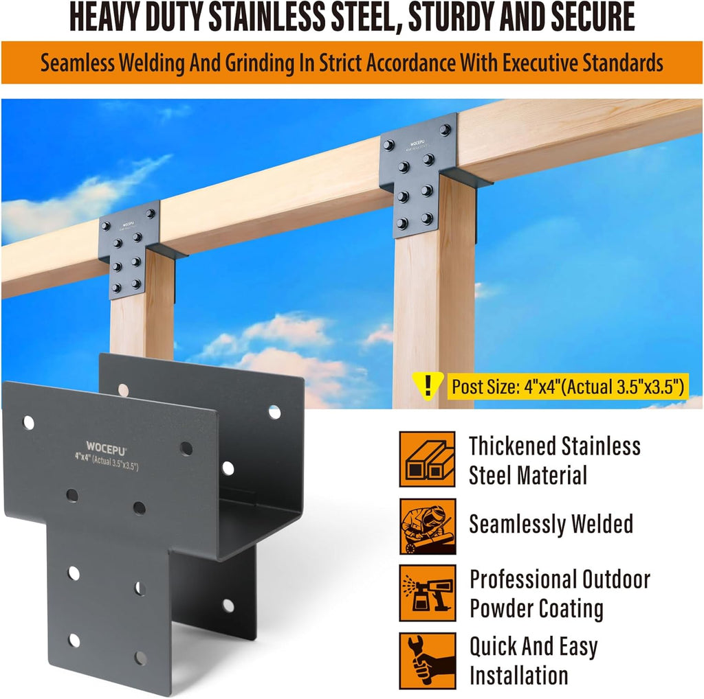 4 Pack Heavy Duty 4x4 (Actual 3.5'x3.5') Stainless Steel Post Caps Tie Bracket, Fit Connecting Wood Gazebo, Deck Patio Post and Wood Beams Bracket (Dark Ggray)