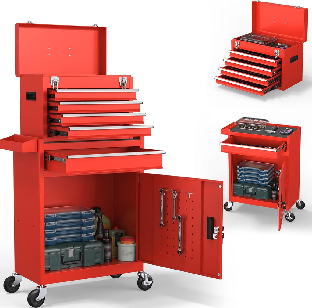 5-Drawers Tool Chest, 2-in-1 Rolling Tool Box with Wheels and Drawers, Detachable Storage Toolbox with Lock, Heavy-Duty Metal Tool Cart for Garage, Workshop (Red)
