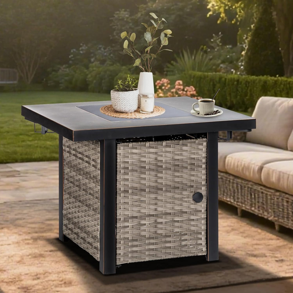 OutVue 32 Inch Propane Fire Pit Table, Outdoor Gas Fire Pits with 2 Drink Holders, Lid & Lava Rock, 50000 BTU Firepit Table for Dinning, Party in Outside, Patio, Garden or Yard