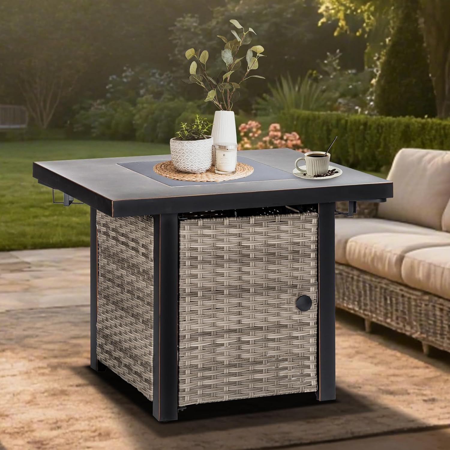 OutVue 32 Inch Propane Fire Pit Table, Outdoor Gas Fire Pits with 2 Drink Holders, Lid & Lava Rock, 50000 BTU Firepit Table for Dinning, Party in Outside, Patio, Garden or Yard