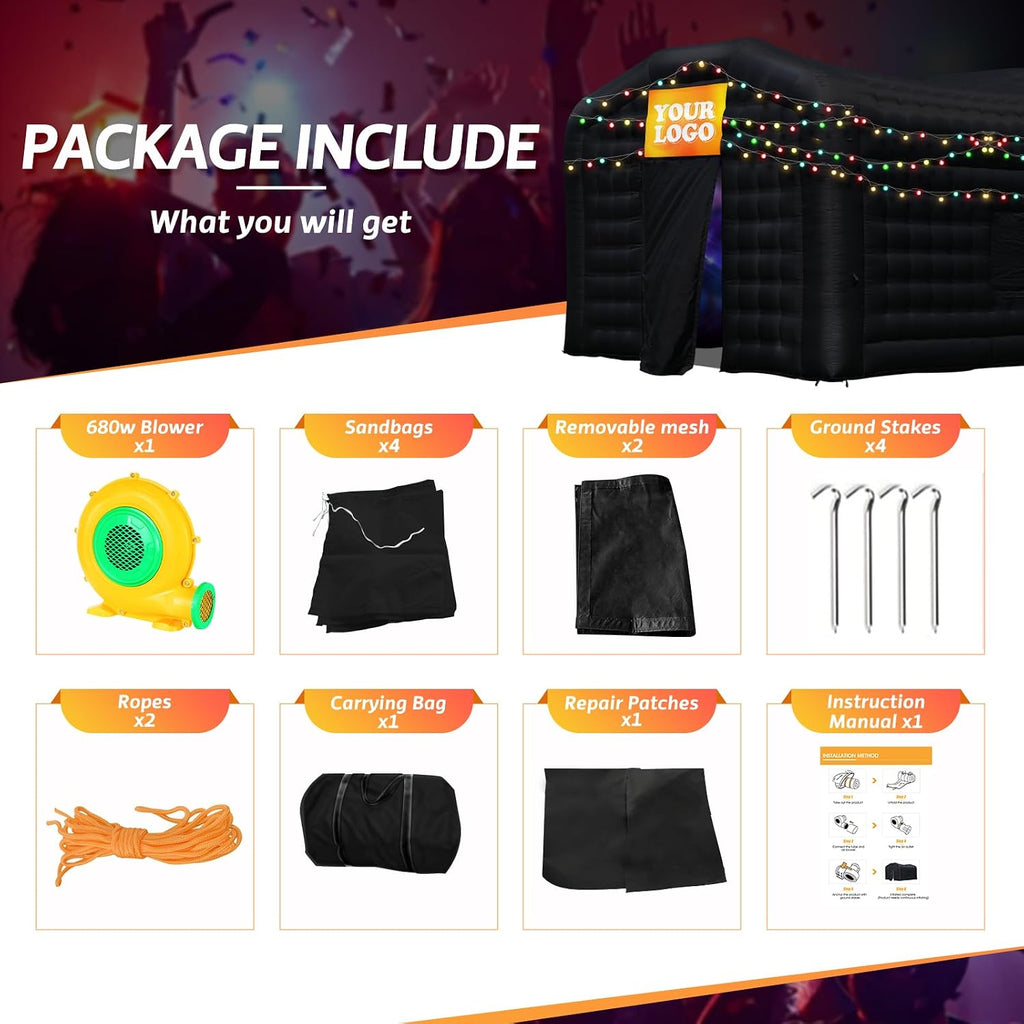 Step4Fun Large Black Inflatable Night Club 18x16x12 Ft Party Tent with Logo Area Disco Cube for Wedding Birthday Raves Dance Floor Yard Party