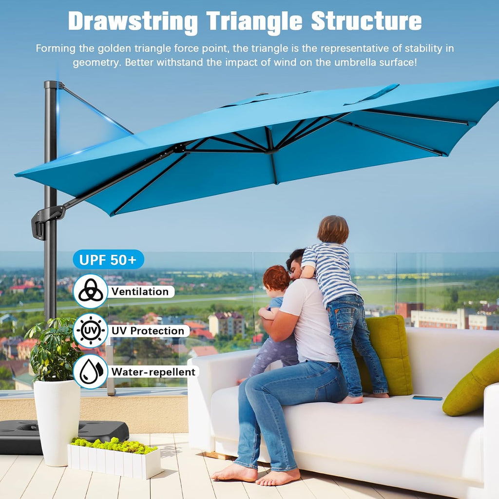 Hoteel 10ft Patio Umbrella Heavy Duty Aluminum Windproof & Shade Provision Outdoor Cantilever Square Offset Large Umbrella Height Adjustable with 360°Rotation for Patio Pool Deck Gazebo, Light Blue