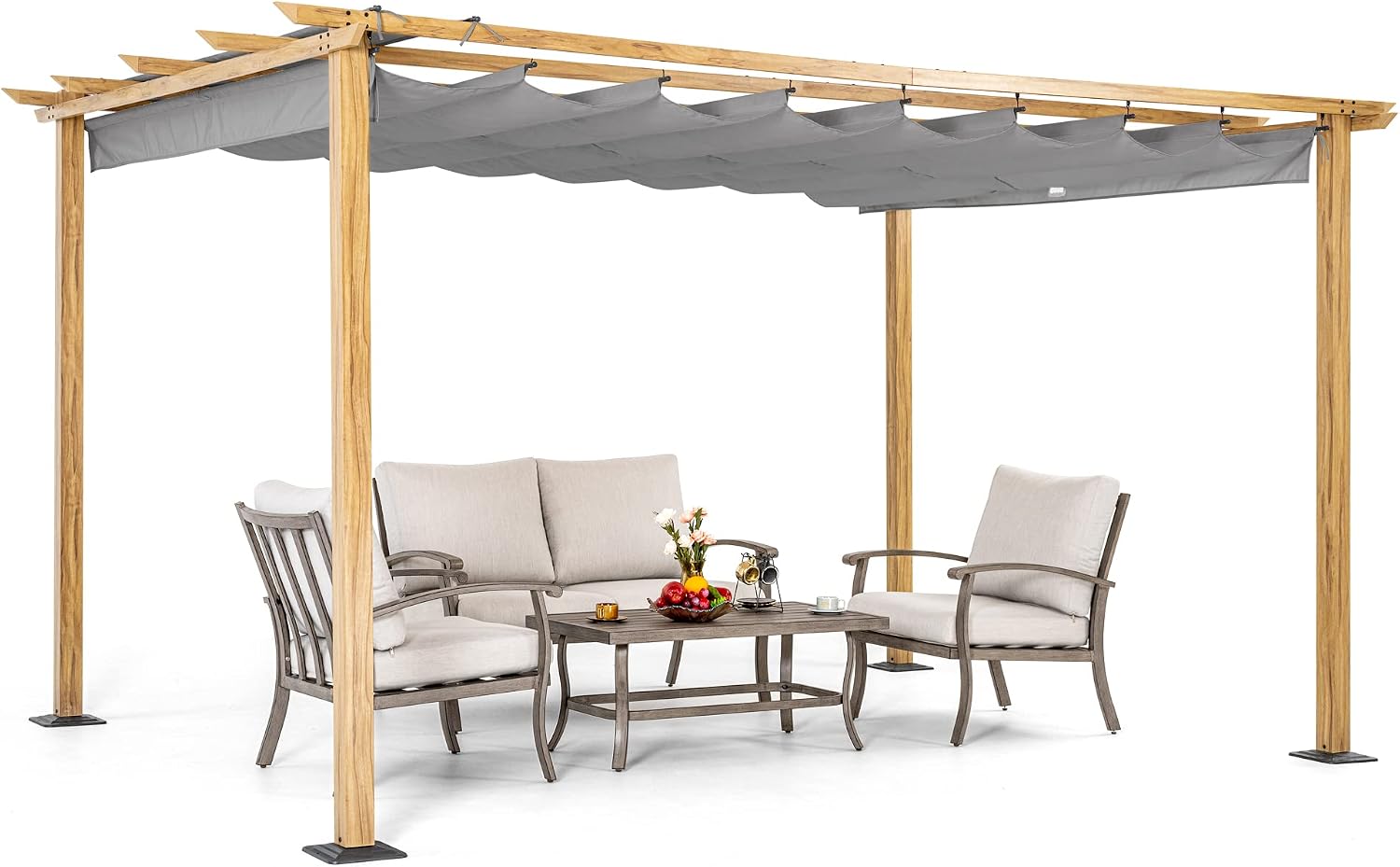 HAPPATIO 10' X 13' Wood-Grain Aluminum Pergola - Adjustable Sun Shade Canopy with Retractable Roof for Backyard, Deck, Patio, by The Pool（Gray）
