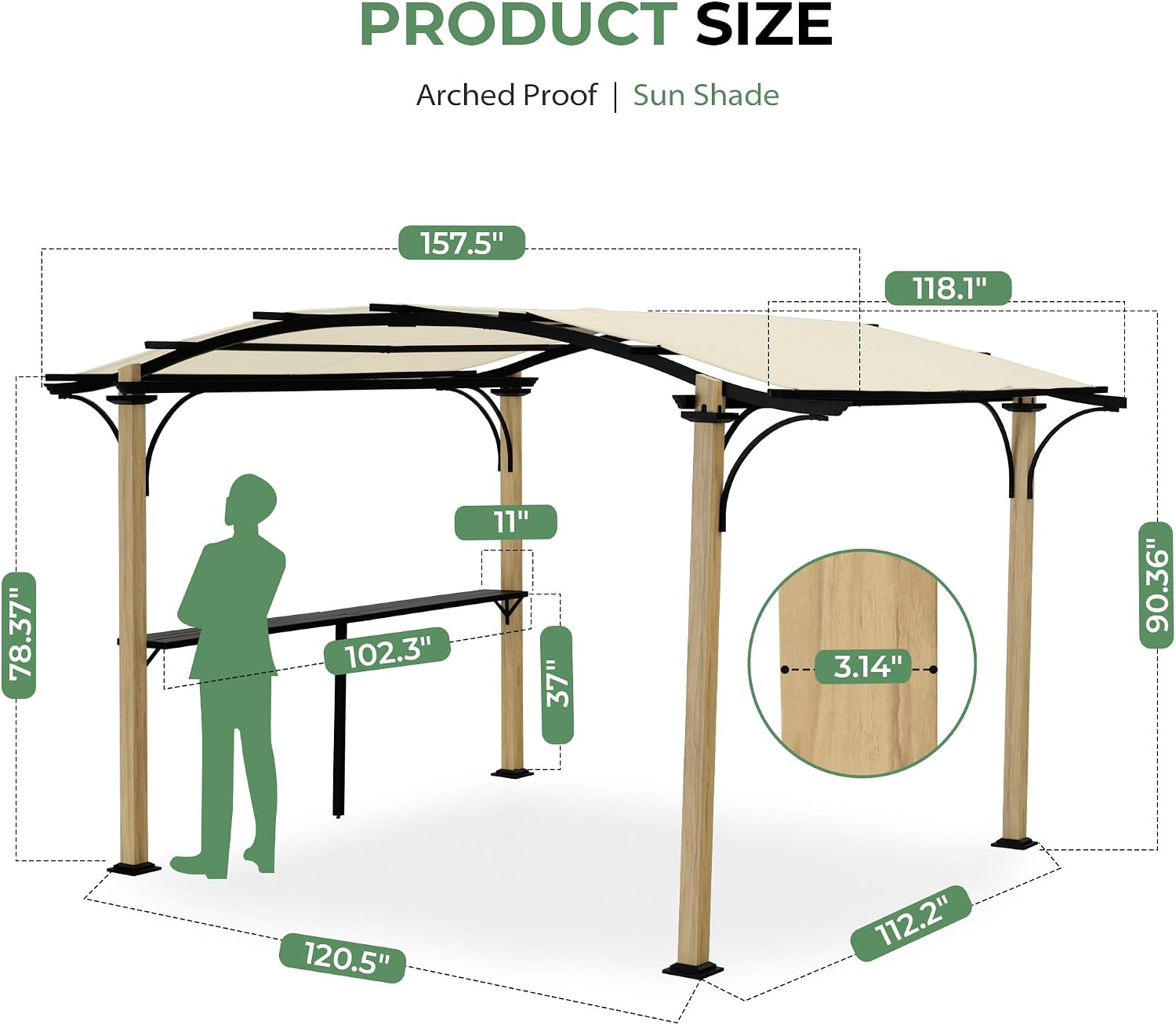 10' x 13' Arched Top Outdoor Pergola, Aluminum Frame Gazebo with Storage Shelf, Wood-Like Frame Patio Pergola Shade for Patio, Backyard, Garden, Poolside, Beige