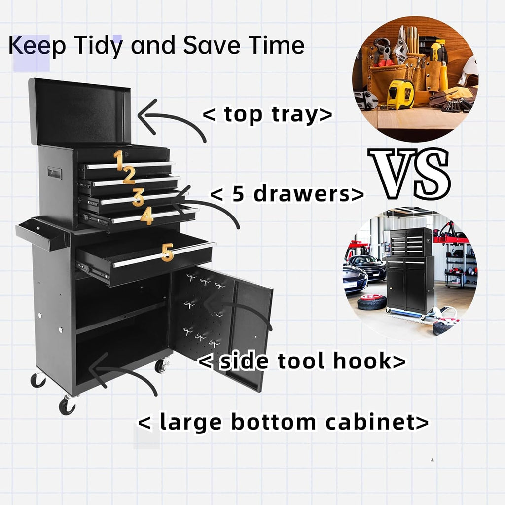 5 Drawer Tool Cart Rolling Tool Chest on Wheels Drawers Rolling Tool Box Organizer Drawer Liners Detachable Top with Locking System for Garage Workshop Warehouse Repair Shop Black