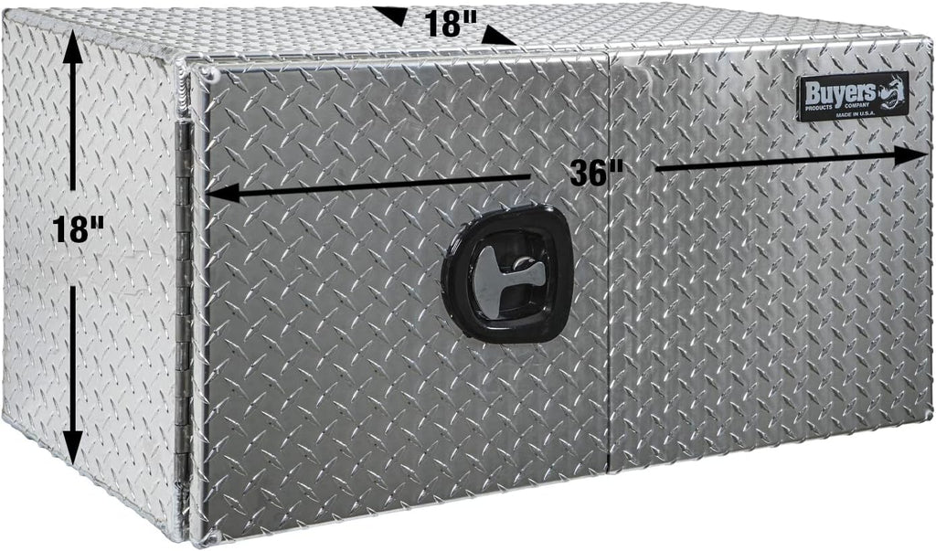 Buyers Products 1705205 Diamond Tread Aluminum Underbody Truck Box with Barn Door, 18 x 18 x 36 Inch, Lockable T Handles, Truck Storage and Organizer, Made in the USA, Silver