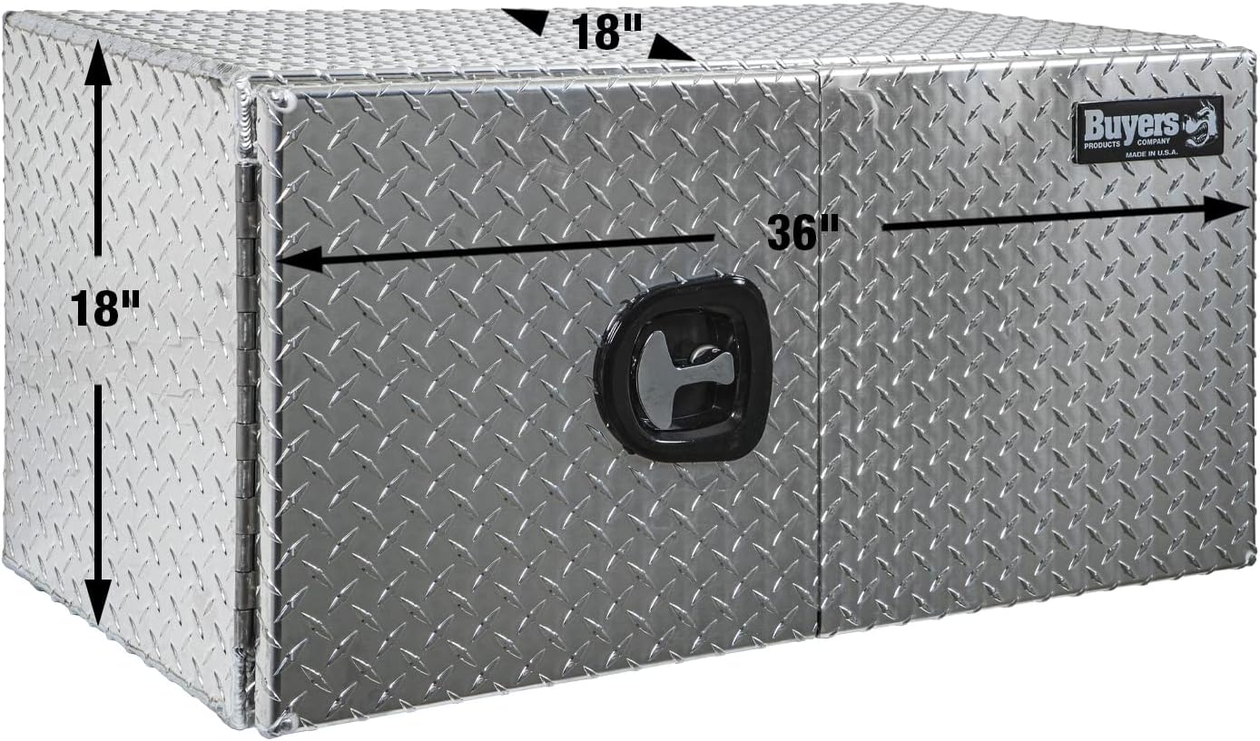 Buyers Products 1705205 Diamond Tread Aluminum Underbody Truck Box with Barn Door, 18 x 18 x 36 Inch, Lockable T Handles, Truck Storage and Organizer, Made in the USA, Silver