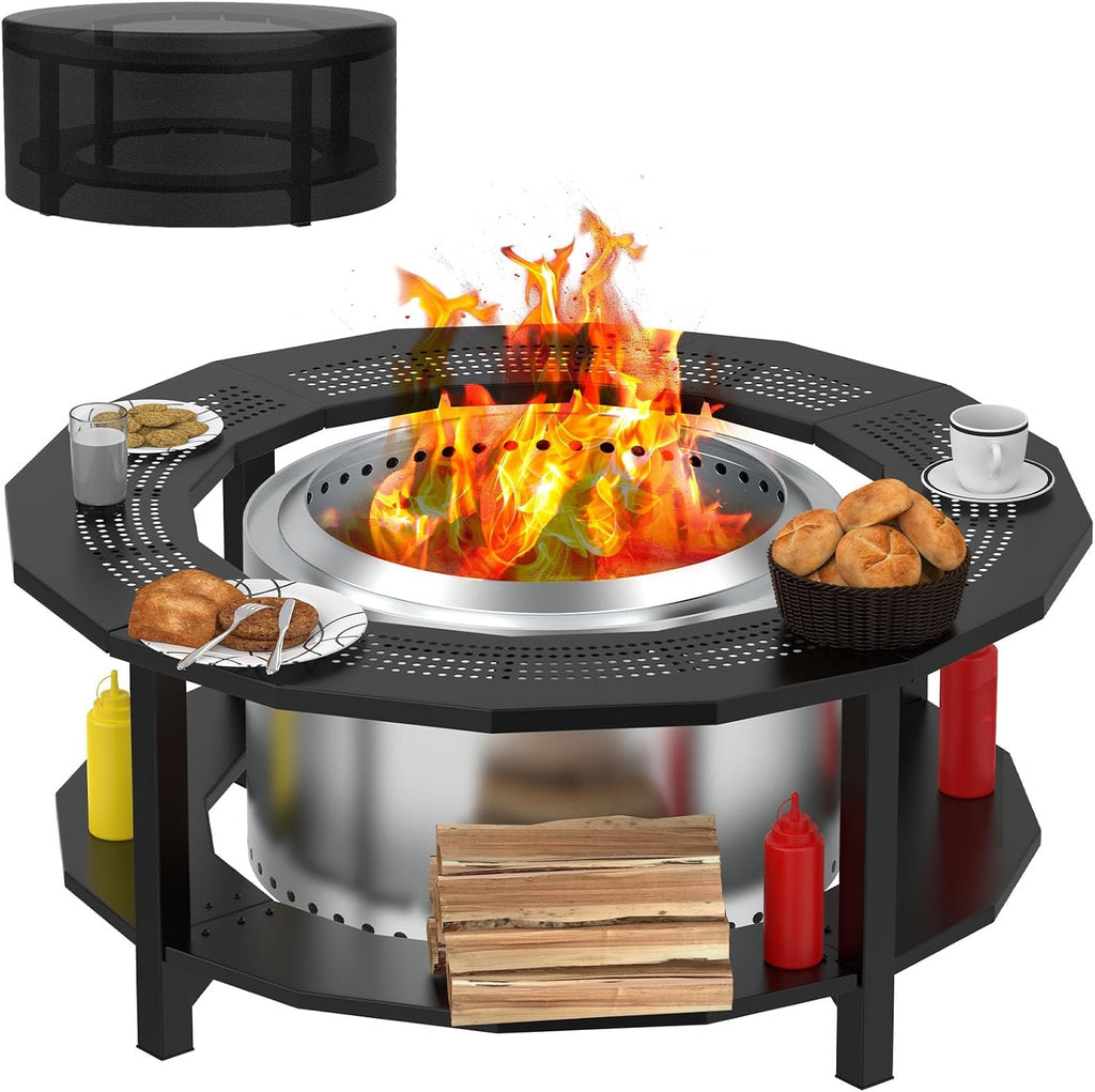 Fire Pit Surround Tabletop for Solo Stove Yukon, Bonfire, Tiki, Outdoor Smokeless Fire Pit Table for Wood Burning Fire Pits, Powder-Coated Steel Stove Table Surround with Cover for Solo Stove