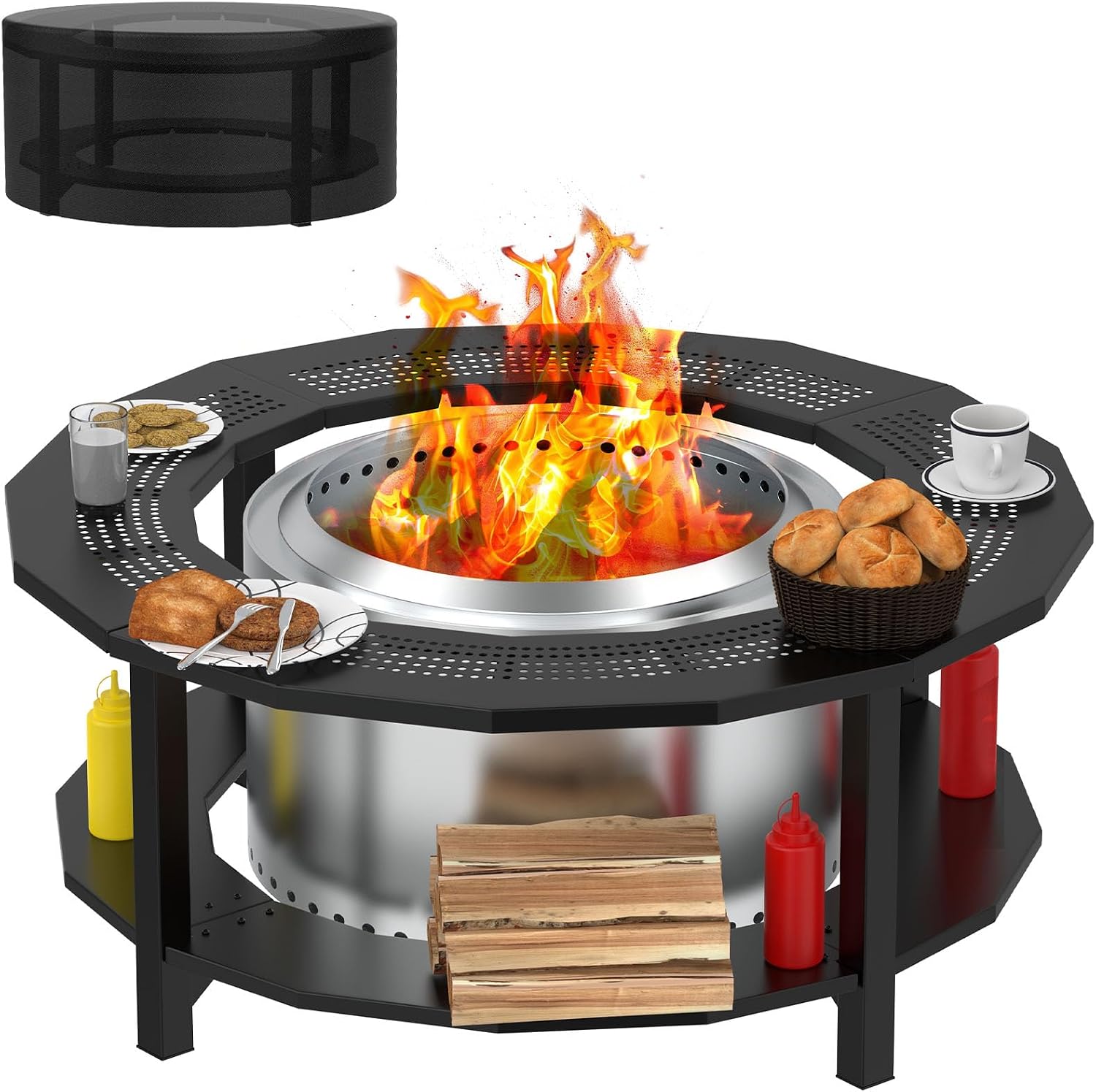 Fire Pit Surround Tabletop for Solo Stove Yukon, Bonfire, Tiki, Outdoor Smokeless Fire Pit Table for Wood Burning Fire Pits, Powder-Coated Steel Stove Table Surround with Cover for Solo Stove