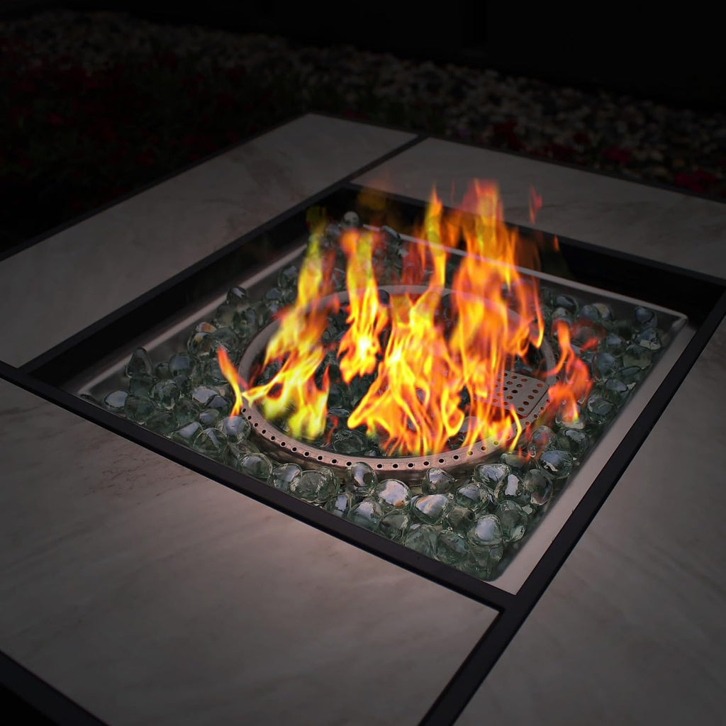 OutVue 30' Propane Fire Pit with Real Ceramic Tabletop, 50000 BTU Gas Firepit Table with Lid & Glass Rock, Outdoor Fire Pit for Dining or Party, Firepit for Outside, Patio, Garden, Yard