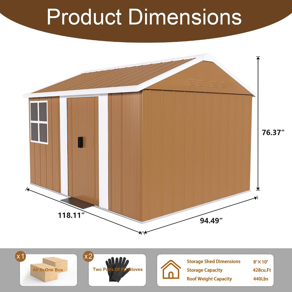 8x10 Outdoor Storage Shed, Heavy Duty Metal Shed, Lockable Garden Sheds with Sliding Door, Window and Airflow Design, Waterproof Steel Tool Sheds & Outdoor Storage for Backyard
