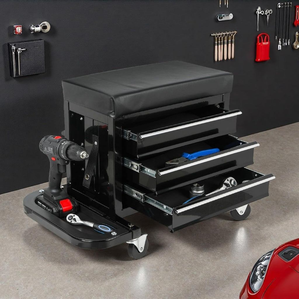 Tool Chest, 3-Drawers Rolling Tool Box with Screworivers Supports & 2 Foldable Side Trays, Rolling Mechanic Seat with Seat Cushion for Warehouse, Workshop, Capacity 350lbs, Black