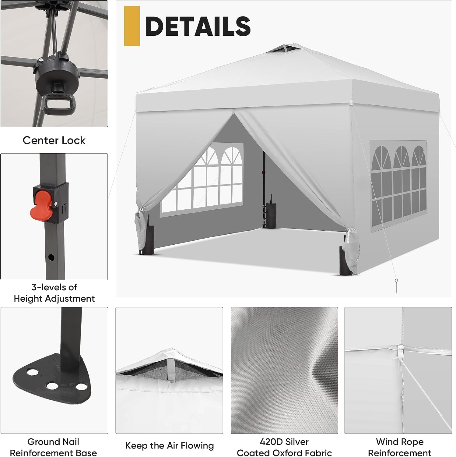 GDY 10x10 Pop Up Canopy Tent with 4 Sidewalls, Easy Set up with One Push Lift Outdoor Silver Coated Beach Gazebos, Carpas with 4 Sandbags, for Events, Parties,Camping, White.