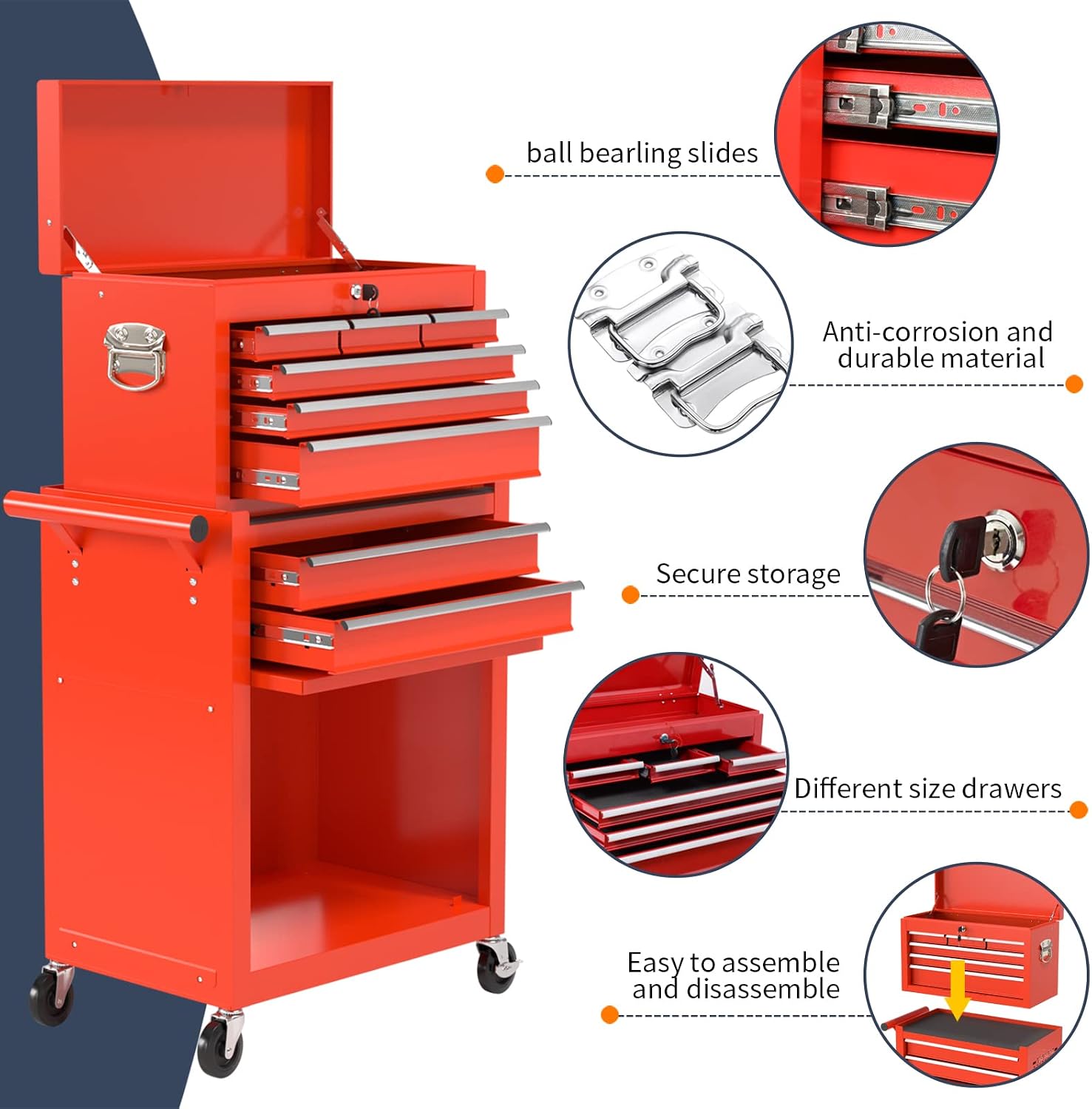 8-Drawer Rolling Tool Box, Lockable Rolling Tool Chest with Wheels and Drawers, 2 in 1 Large Capacity Storage Tool Cabinet for Warehouse, Garage, Tool Room and Repair Shop (Red)