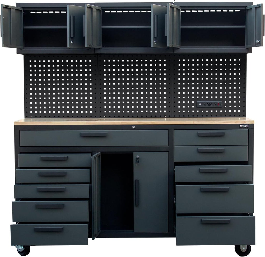 72in Rolling Tool Chest Cabinet Mobile Garage Workbench Heavy-Duty Tool Cabinet on Wheels with 11 Drawers, 2-Door Cabinet, 3 Top Cabinet, Pegboard & Power Strip for Tool Organization