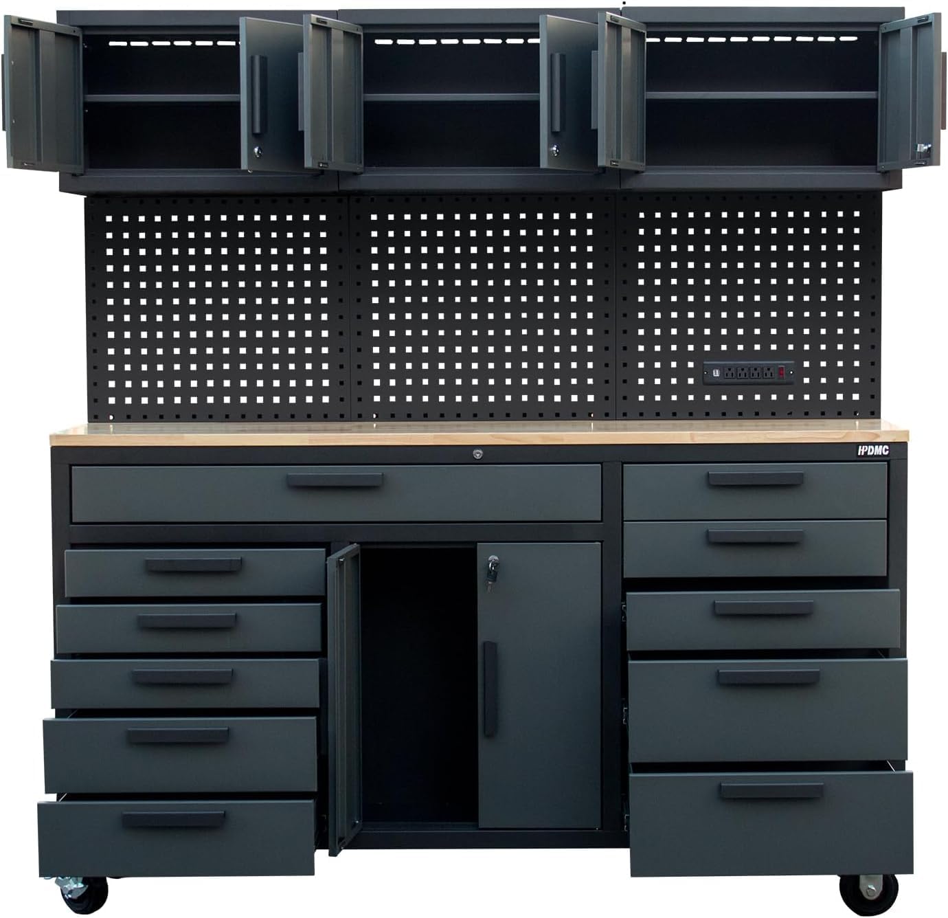 72in Rolling Tool Chest Cabinet Mobile Garage Workbench Heavy-Duty Tool Cabinet on Wheels with 11 Drawers, 2-Door Cabinet, 3 Top Cabinet, Pegboard & Power Strip for Tool Organization