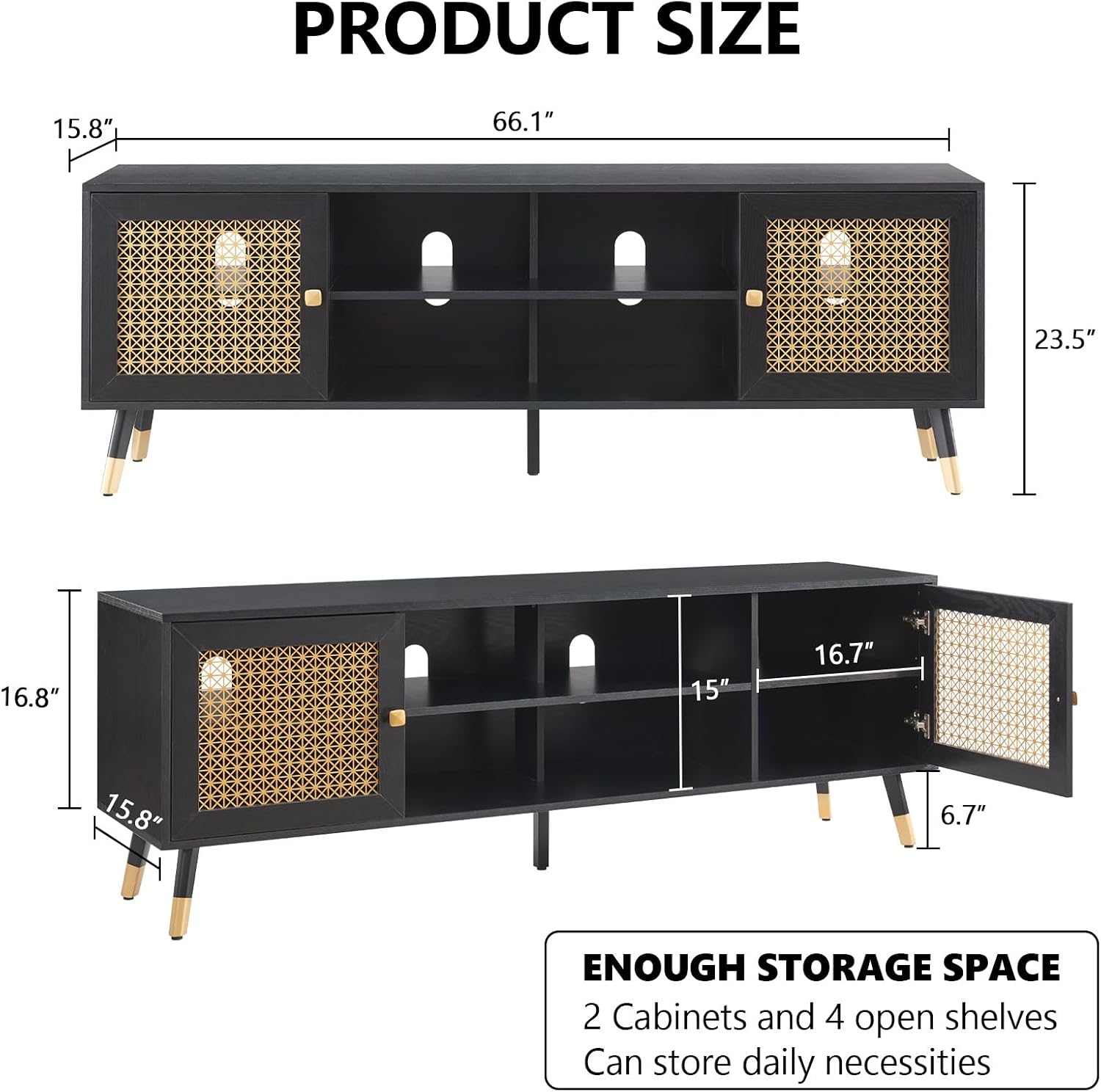 JYED DECOR Black TV Stand for 75 inch TVs, 66' Mid Century Modern Media Console, Long Entertainment Center with Storage Cabinet for Living Room