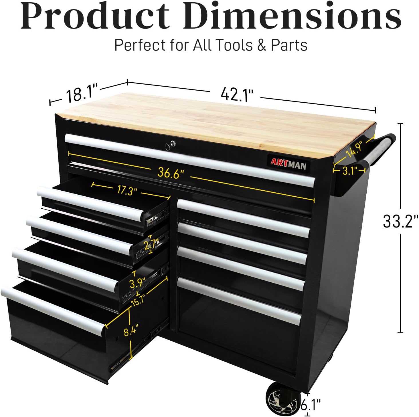 Rolling Tool Chest with Wheels, 9 Drawer Metal Tool Cabinet, Large Tool Cart for Garage, Warehouse, Workshop, Repair Shop, Black