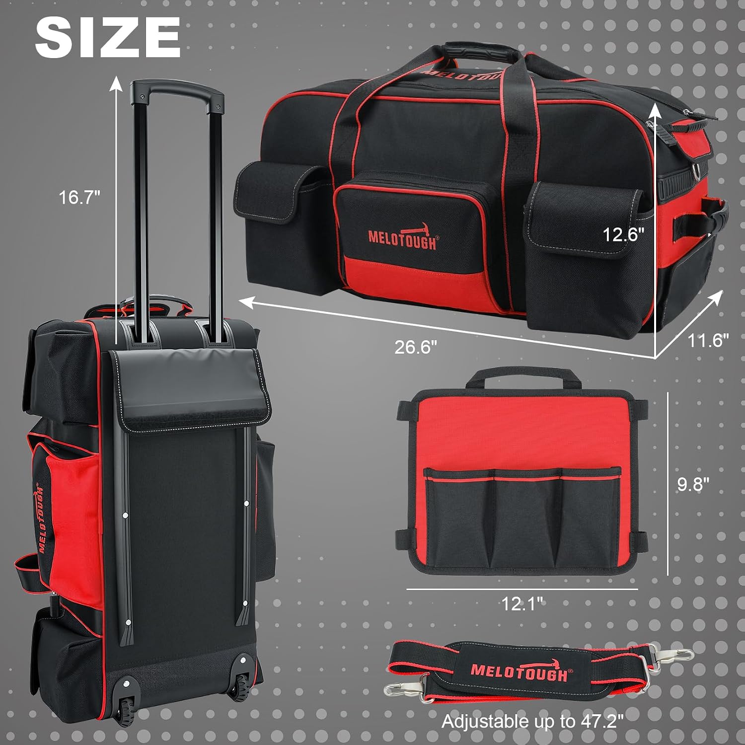 MELOTOUGH Rolling Tool Bag with Wheels,Large Capacity Tool Bag Organizer with Concealed Telescoping Handle for Electrician,Construction,HVAC,Technician (Red/Black)