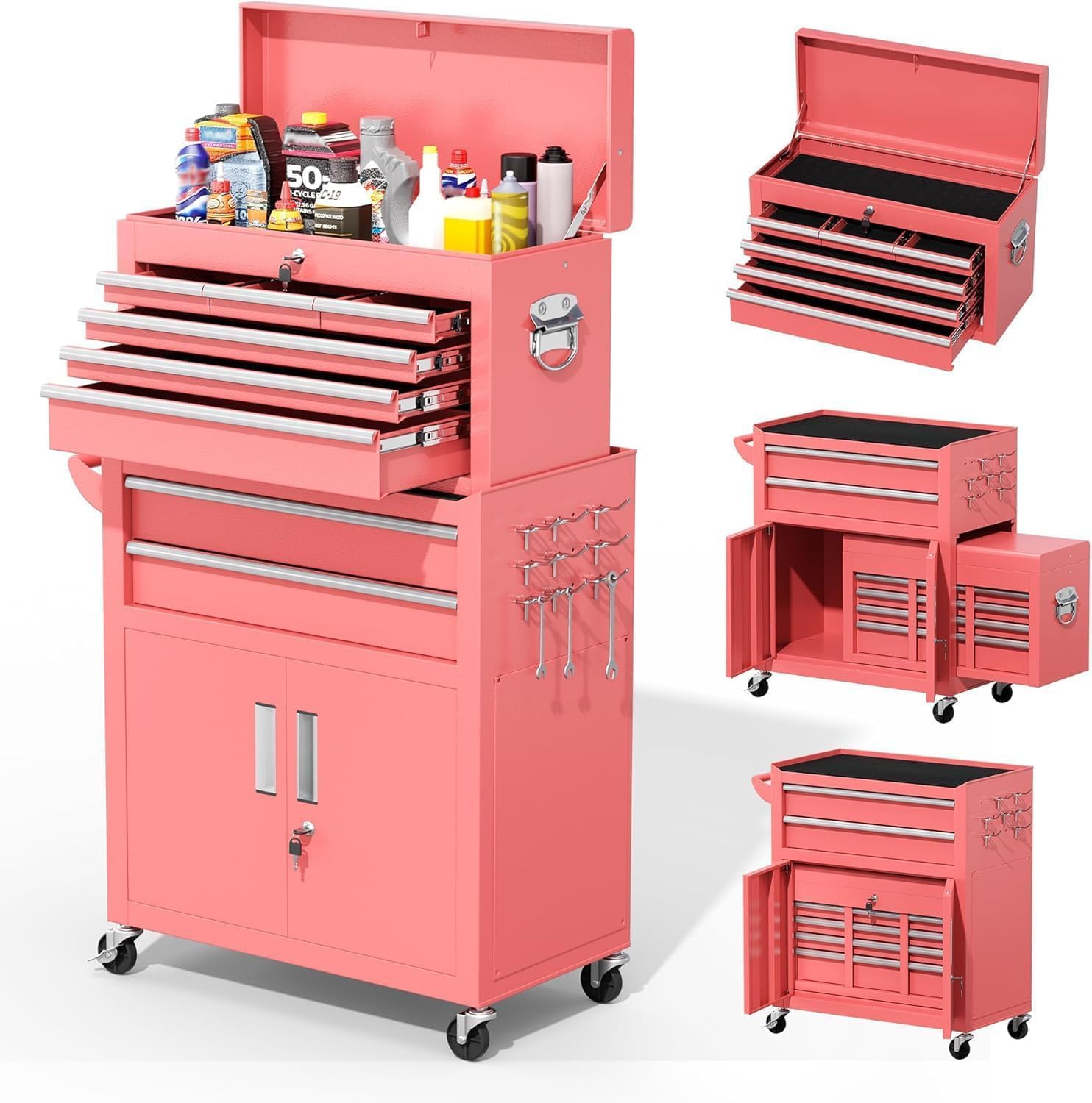 Greenvelly Tool Chest, 8-Drawer Rolling Tool Chest with Hooks and Lockable Wheels,Metal Storage Detachable Top Tool Box with Lockable Wheels for Garage,Workshop,Art Studio(Pink)