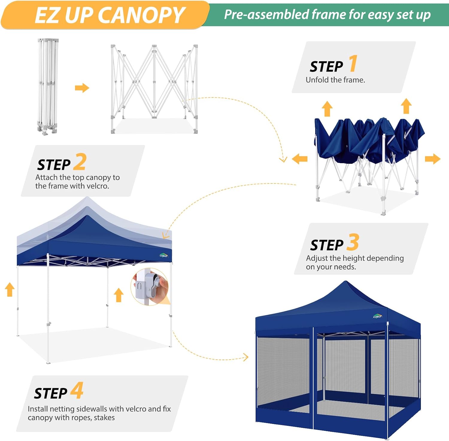 COBIZI 10x10 Canopy Tent with 4 Sidewalls,Heavy Duty Pop up Canopy with Mosquito Netting,Easy up Screen Tent for Parties Wedding Outdoor Camping with Handbag,Deep Blue