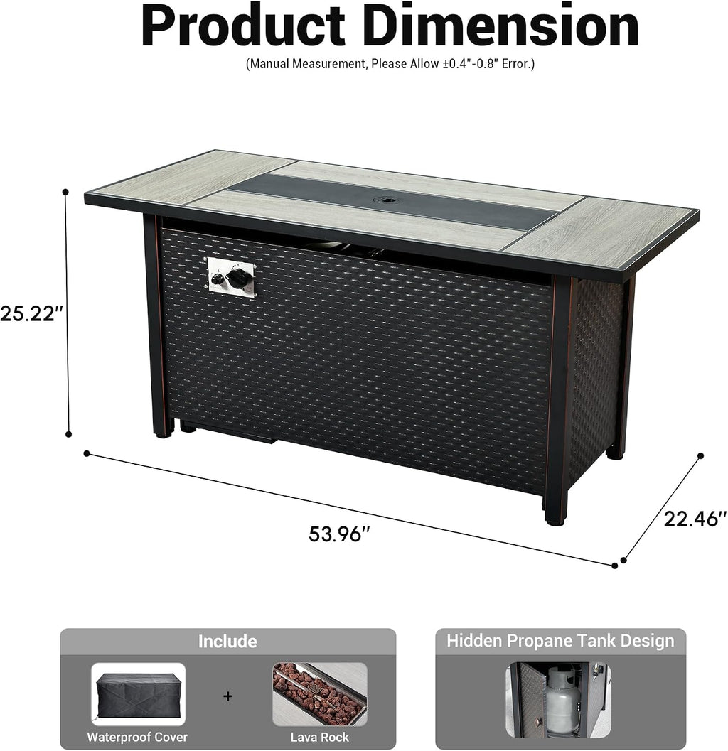 OVIOS 54' Outdoor Propane Fire Pit Table, 50,000 BTU Rectangular Steel Firepits with Ceramic Tabletop, Waterproof Cover, Lid, Lava Rock for Patio Deck Garden, Black